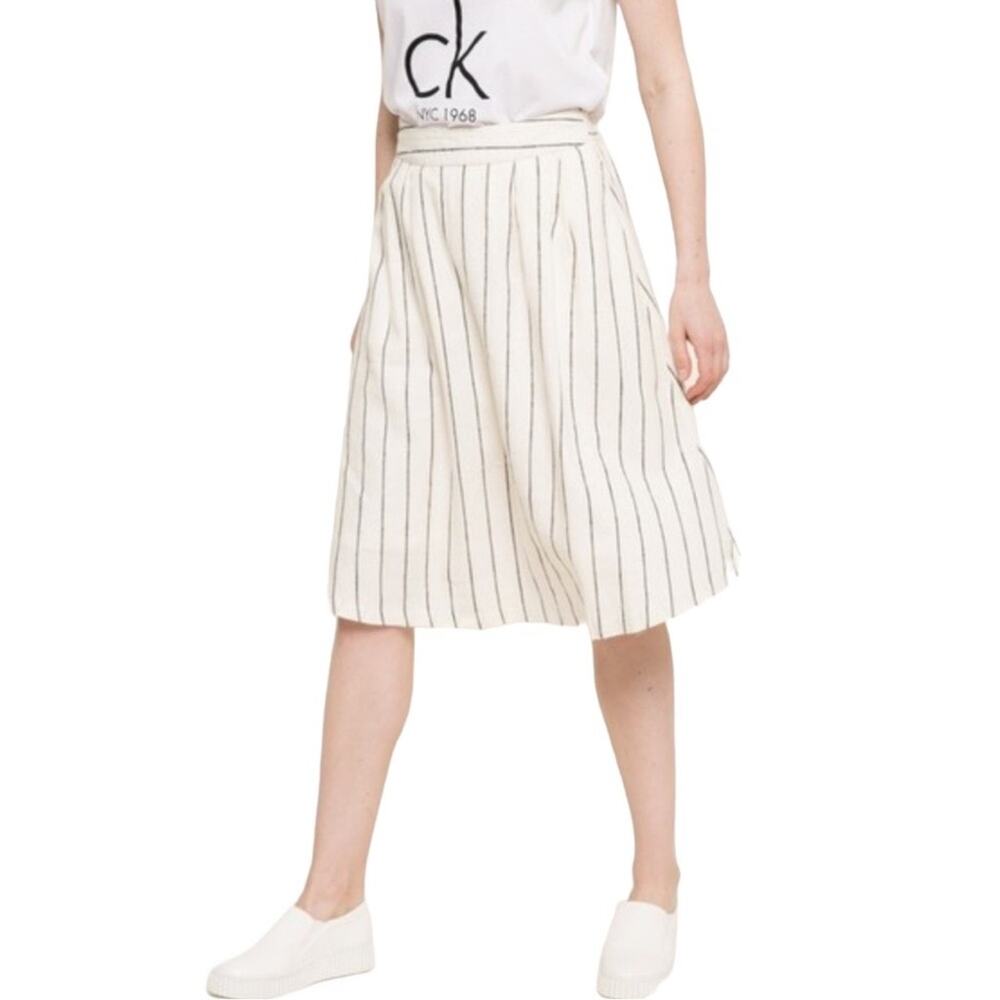 Vero Moda Denim Linen Blend Knee-Length Stretch Waist Striped Cream Skirt